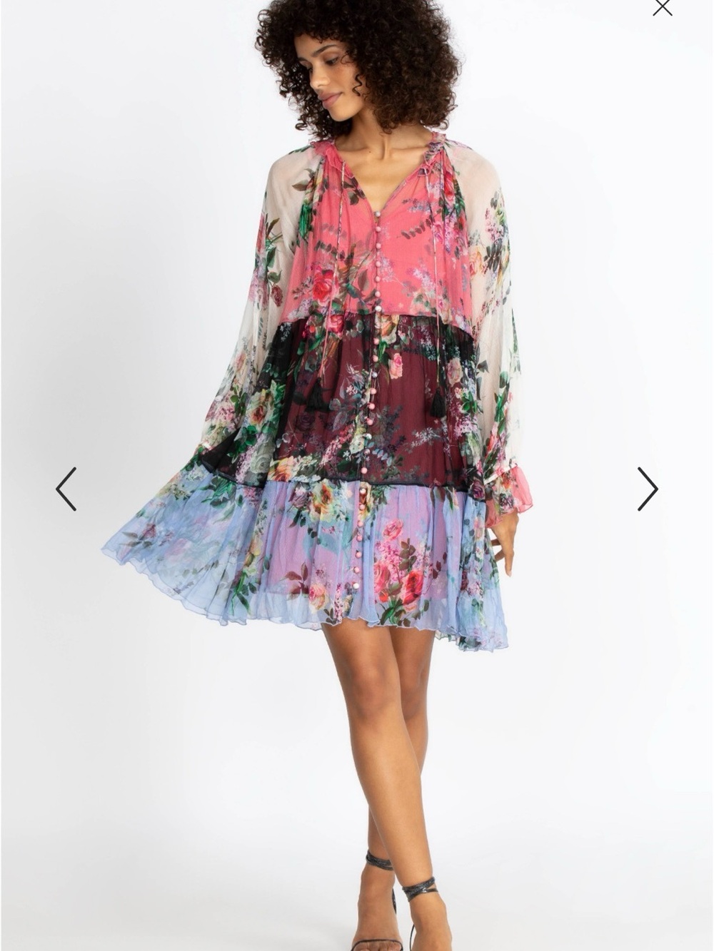 Johnny Was Multicolor Floral Tiered Mini Dress - Pink, Burgundy, Blue